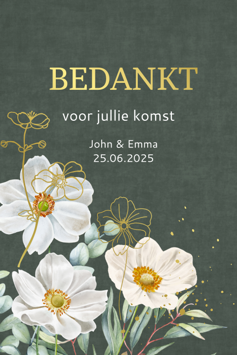 Trouwkaart bedankt witte anemoontjes goudfolie
