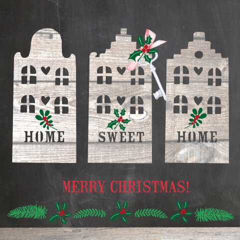 Hippe kerstkaart met houten huisjes