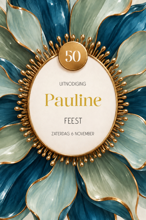 Uitnodiging 50e verjaardag met bloem in blauw en groen en goudkleurige details