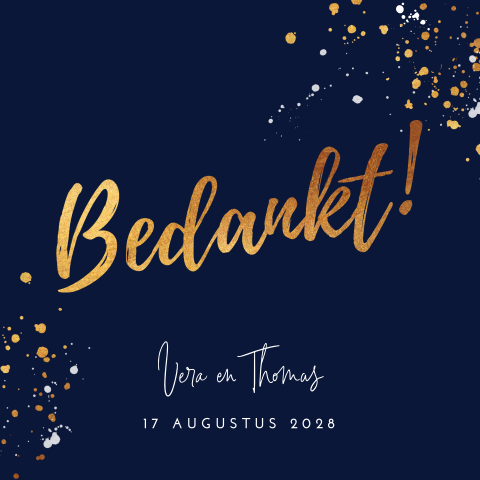 Bedankkaart trouwen donkerblauw en goudkleurige verfspetters