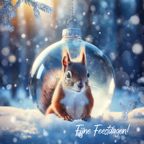 Kerstkaart eekhoorn in glazen kerstbal