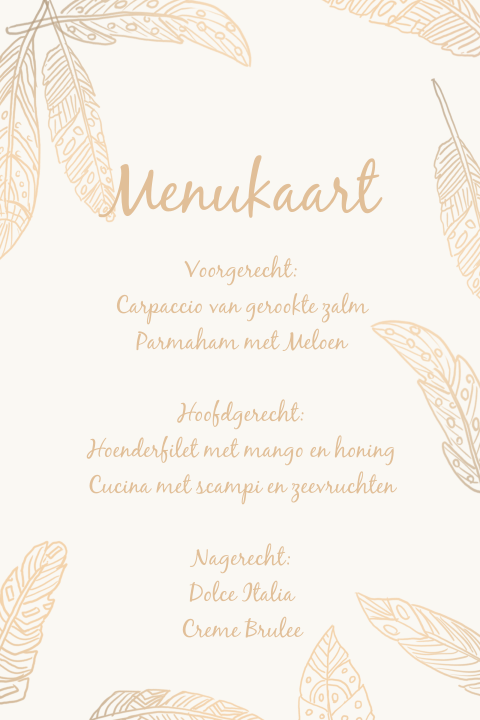 Mooie menukaart met goudkleurige veertjes