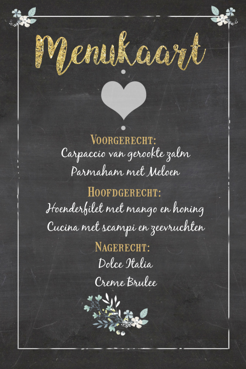 Mooie menukaart in krijtbord en bloemen en goud