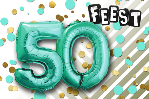 Vrolijke uitnodiging 50e verjaardag met ballonnen en confetti