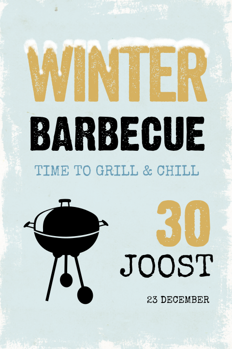 Winter bbq uitnodiging met gouden letter en sneeuw