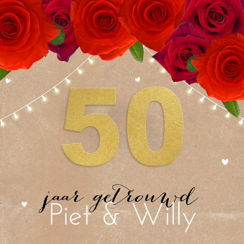 50 jaar getrouwd kaart op kraft met goud en rozen