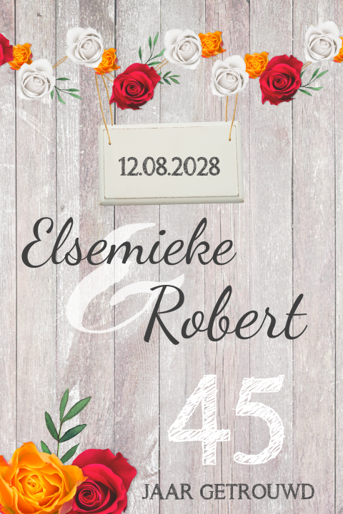 Jubileumkaart 45 jaar getrouwd met bloemen op grijs hout