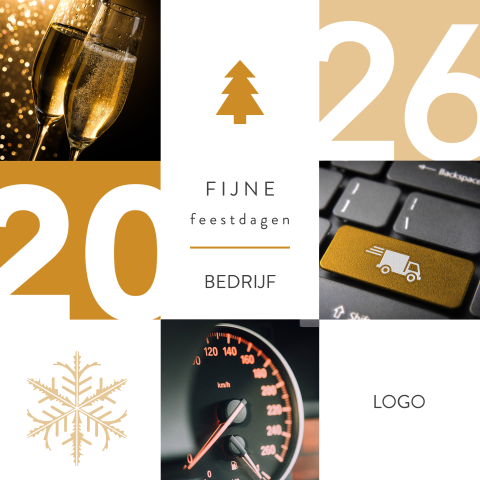Kerstkaart transport met 2026 foto's en okergele vlakken