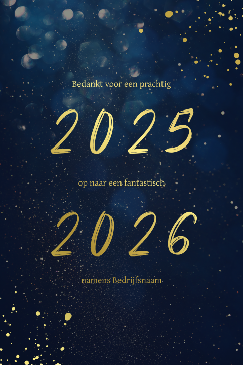 Donkerblauwe nieuwjaarskaart met goudfolie jaartallen en spetters