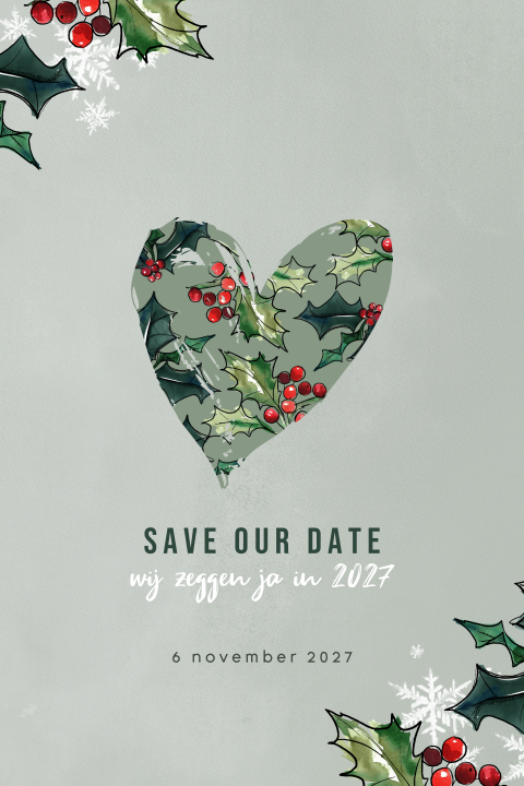 Groene kerst save the date met hart en hulst