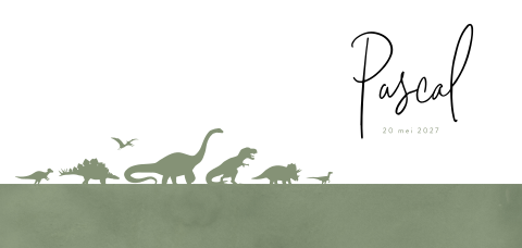 Groen geboortekaartje met dino silhouetjes op een rij