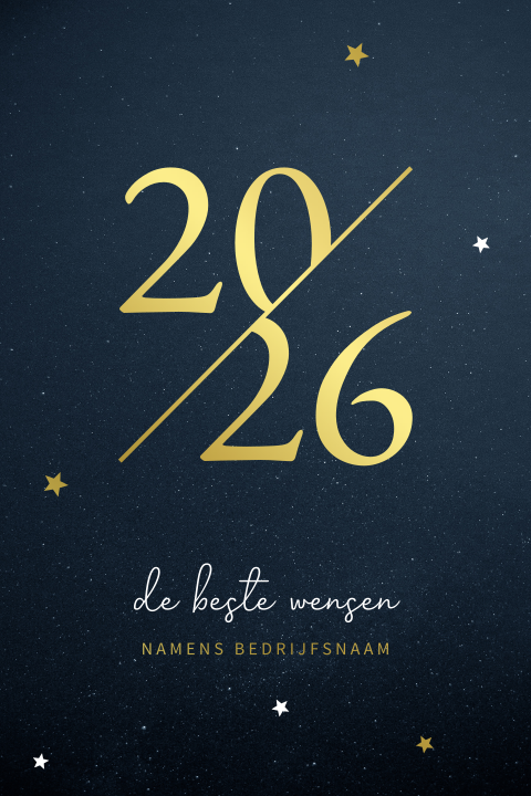 Donkerblauwe kerstkaart met grafisch jaartal 2026 in goudfolie