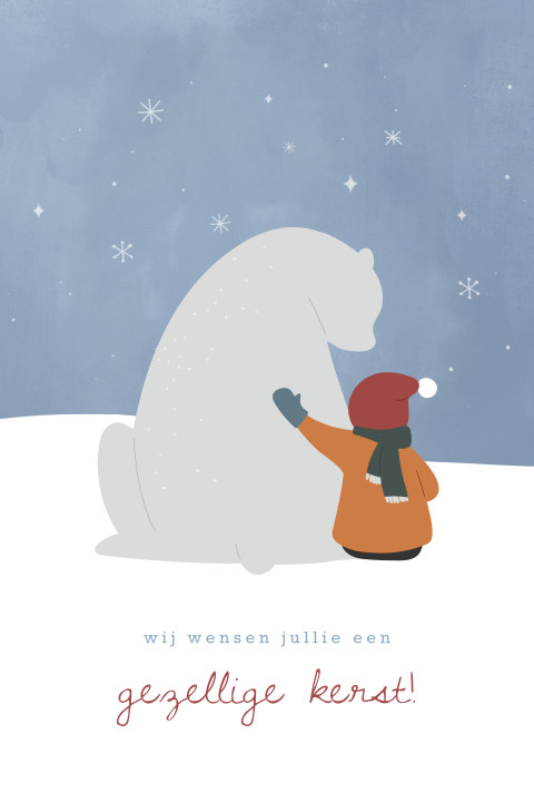Kerstkaart met ijsbeer en kindje in de sneeuw