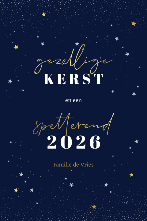 Donkerblauwe kerstkaart met goudfolie sterren