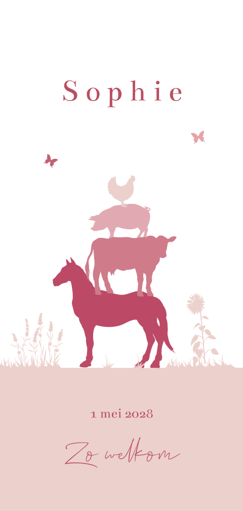 Silhouet geboortekaartje met roze boerderijdieren