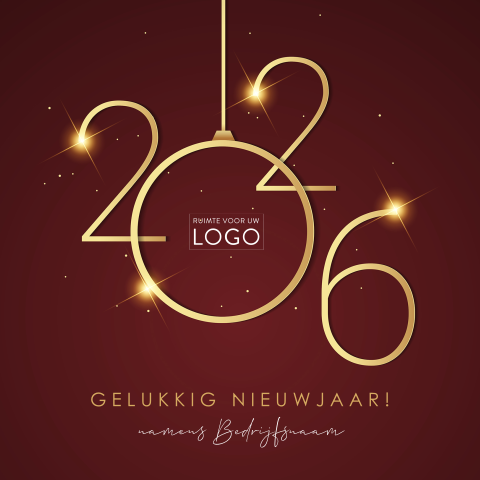 Rode kerstkaart met goudkleurig jaartal en logo