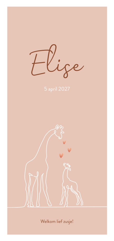 Roze dieren geboortekaartje met twee girafjes voor een 2e kindje