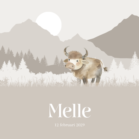 Beige geboortekaart landschap bergen met bomen