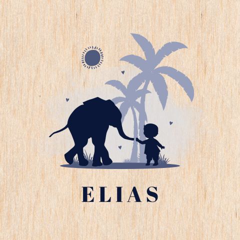 Silhouet geboortekaartje van hout met olifant en jongen