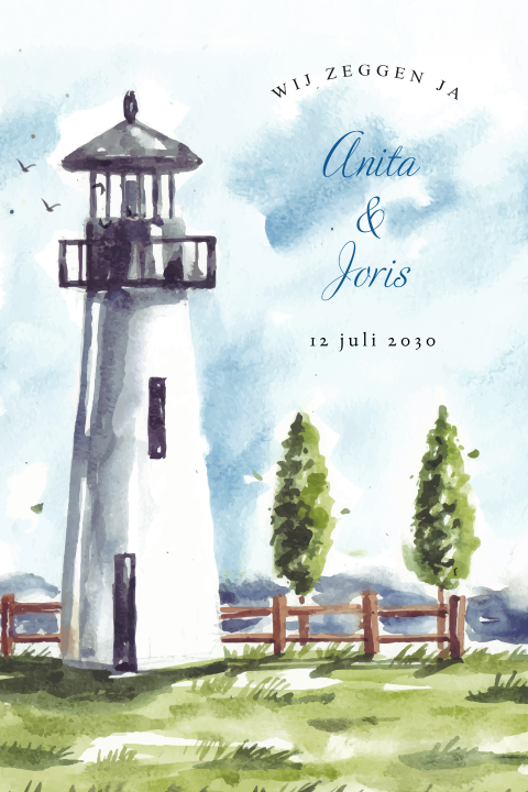 Trouwkaart vuurtoren – Maritieme huwelijksuitnodiging in aquarel