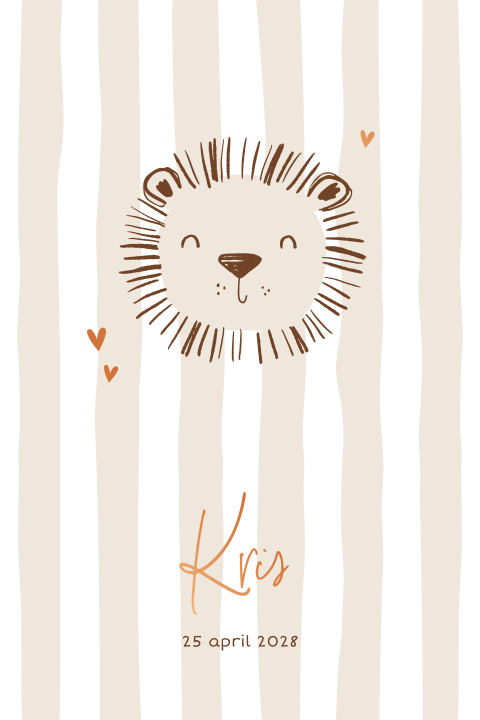 Zand geboortekaartje met leeuw, strepen en koperfolie