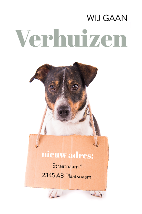 Verhuiskaart met hond met bordje met nieuw adres