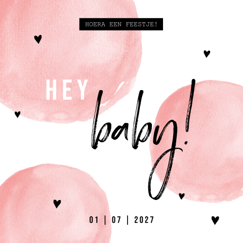 Uitnodiging babyshower met roze waterverf stippen en hartjes