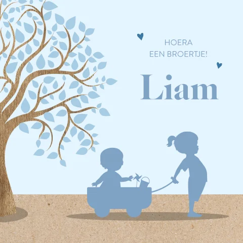 Silhouet geboortekaartje grote zus met baby broertje bij boom