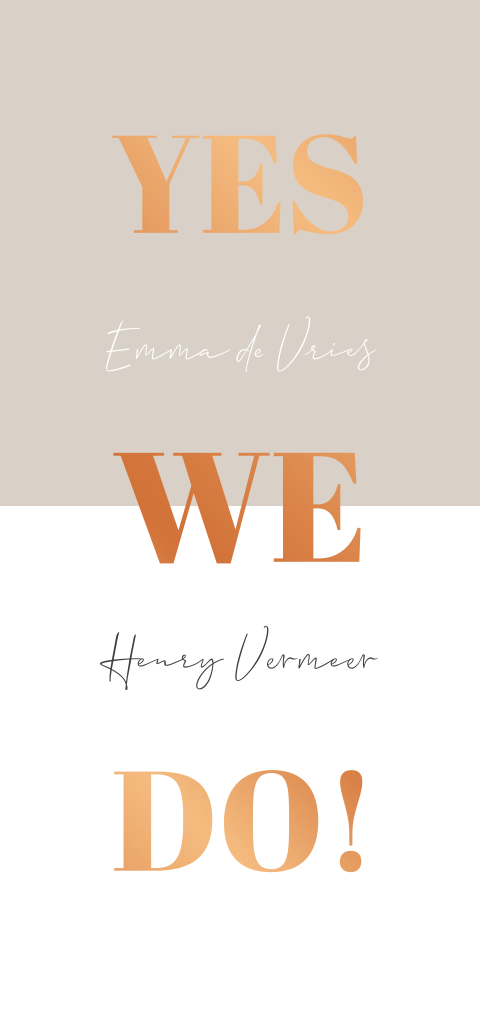 Taupe trouwkaart met yes we do in koperfolie