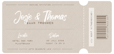 Beige trouwticket met speelse typografie