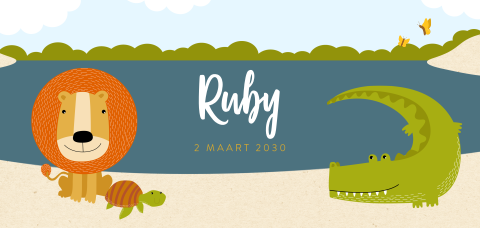Kleurrijk geboortekaartje meisje met leeuw en krokodil