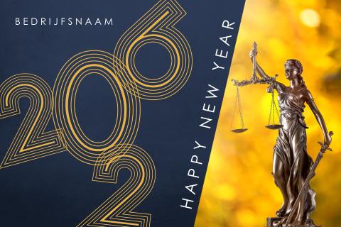 Kerstkaart voor advocatuur met 2026 en vrouwe justitia