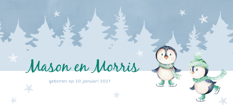 Tweeling geboortekaartje met schaatsende pinguin jongens