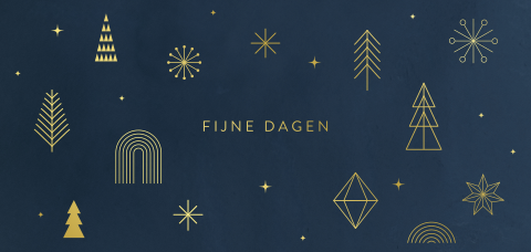 Strakke kerstkaart in donkerblauw met goudfolie tekeningen