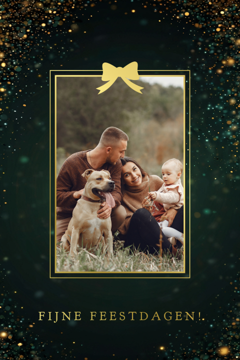 Groene kerstkaart met eigen foto en gouden strik