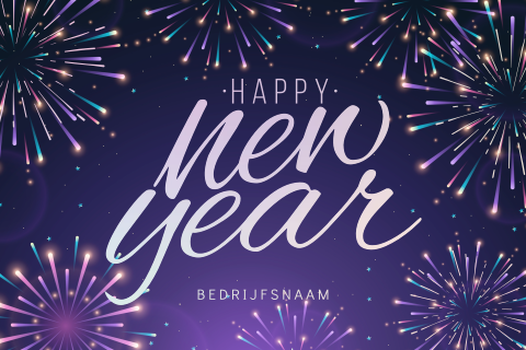 Paarse nieuwjaarskaart met vuurwerk en regenboogfolie