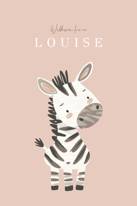 Roze geboortekaartje met zebra
