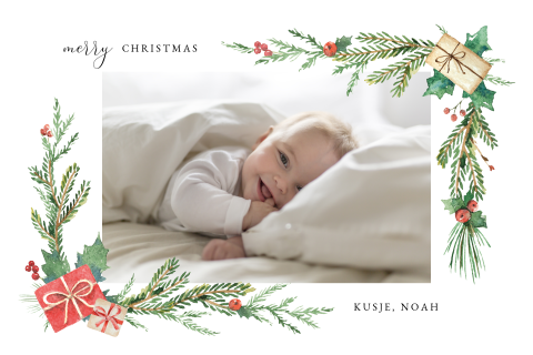 Kerstkaart met baby foto en waterverf illustraties