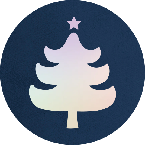 Donkerblauwe sluitsticker met kerstboom in regenboogfolie