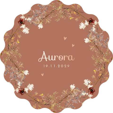 Rond geboortekaartje met herfst takken en bloemen