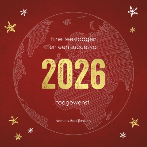 Dieprode kerstkaart met wereldbol en goudfolie sterren
