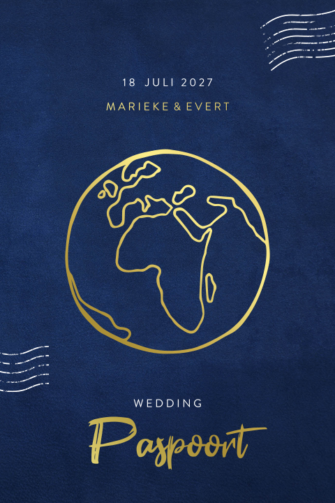 Hippe blauwe trouwkaart wedding paspoort met wereld