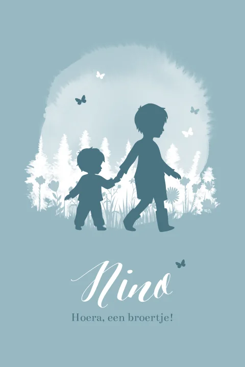 Silhouet geboortekaartje broertjes met blauwe vlinders