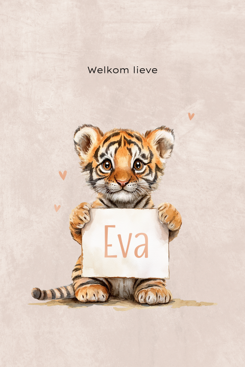 Roze geboortekaartje meisje tijger en naambord