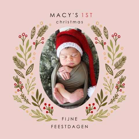 Kerstkaart met kerstkrans en foto voor baby's eerste kerst