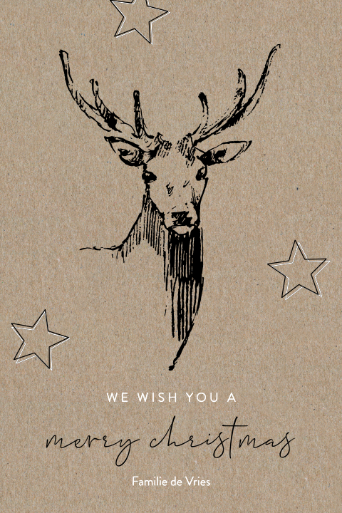 Kerstkaart op kraft met edelhert en sterren
