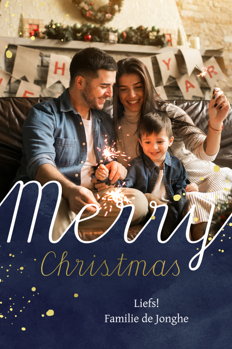 Blauwe kerstkaart met grote foto en goudfolie spetters