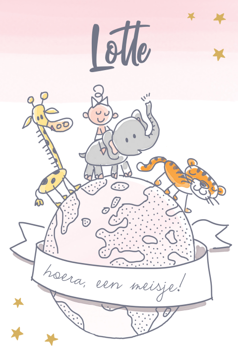 Roze geboortekaartje wereldbol met wilde dieren