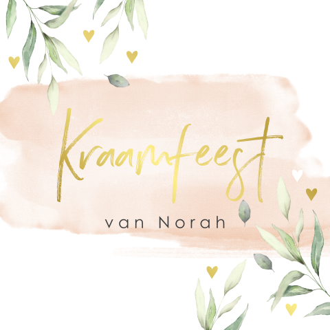 Goudfolie kraamkaartje meisje met roze waterverf en blaadjes