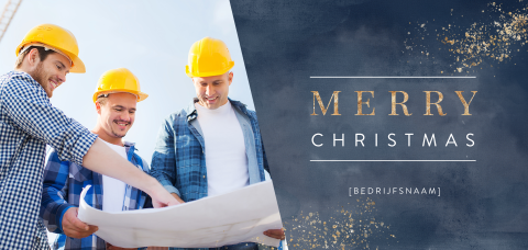 Blauwe kerstkaart met foto bouwvakkers en gouden spetters